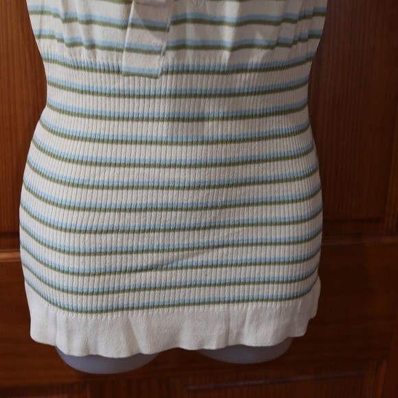 Nanette Lepore Cream Green Blue Stripe Sleeveless Bow Top Large Soft Chic Style - Picture 6 of 16